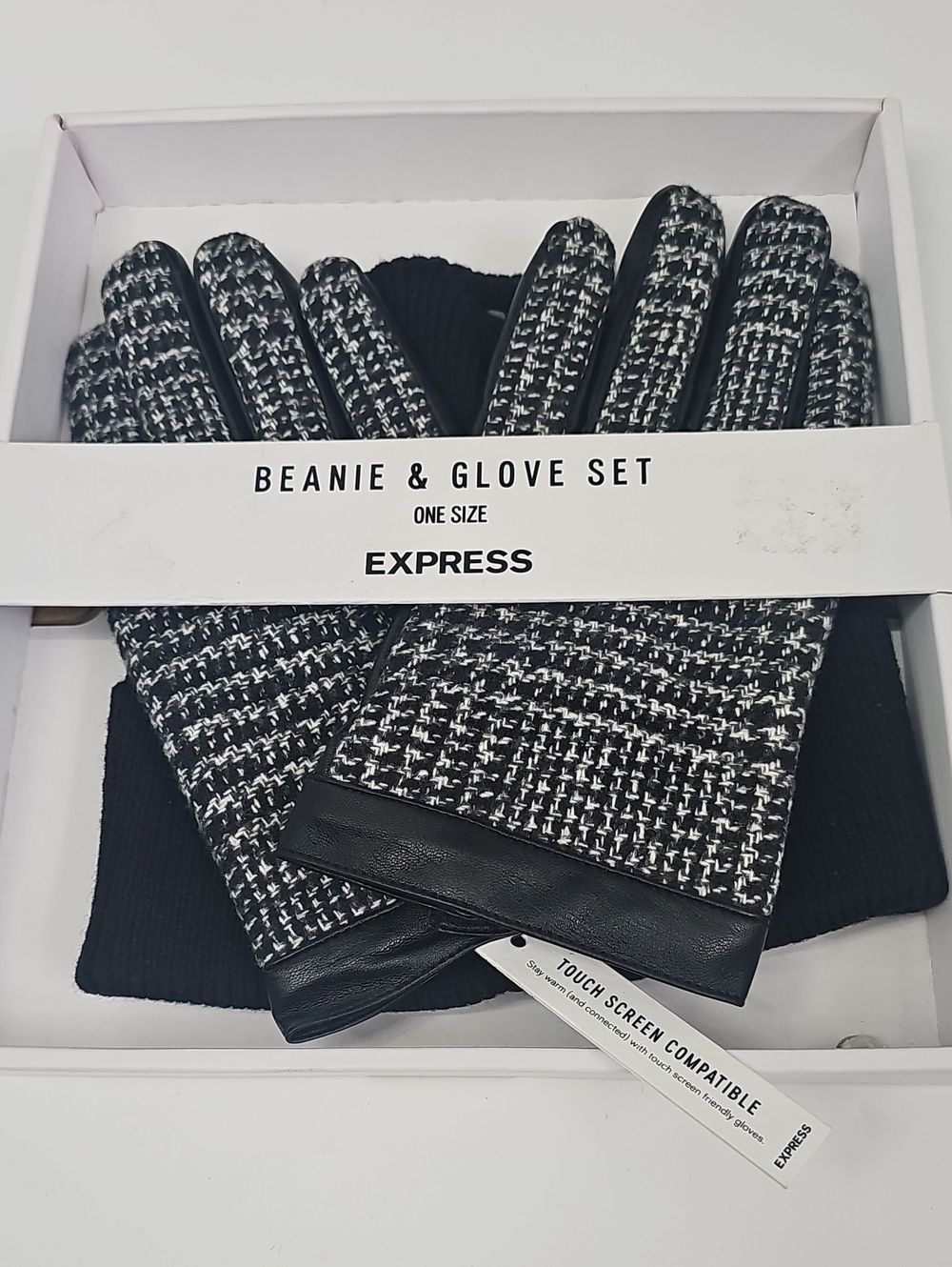 Express Black & White Houndstooth Glove & Beanie Set Cozy Winter Gift Set